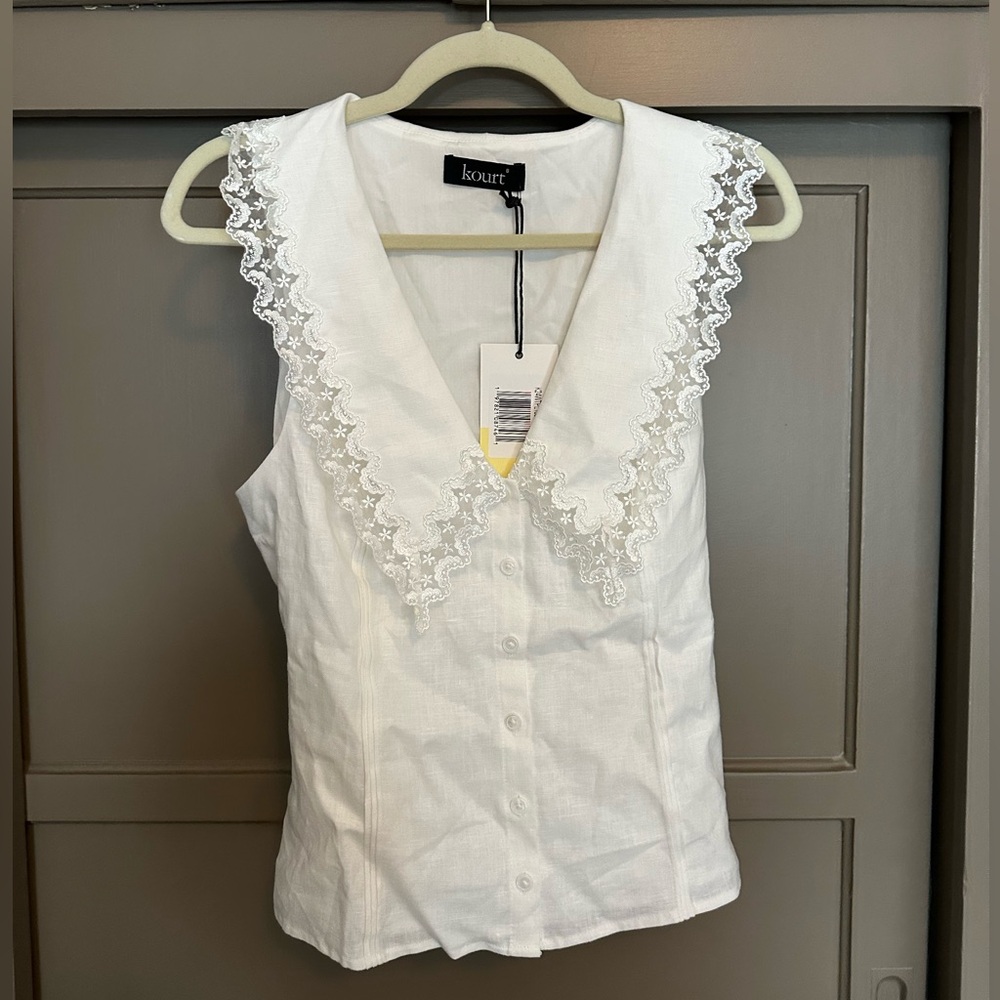 Reformation White Sleeveless Lace-Trim Button Front Top